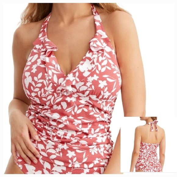 BIRDSONG Women's Ruffle Halter Underwire Tankini Swimsuit Top Red Floral - Picture 1 of 14